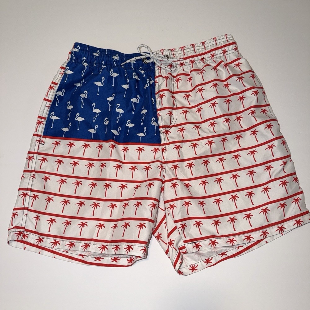 Mens Swim Trunks Shorts Large‎ USA Red Blue Flamingos Patriotic Beach Vacation